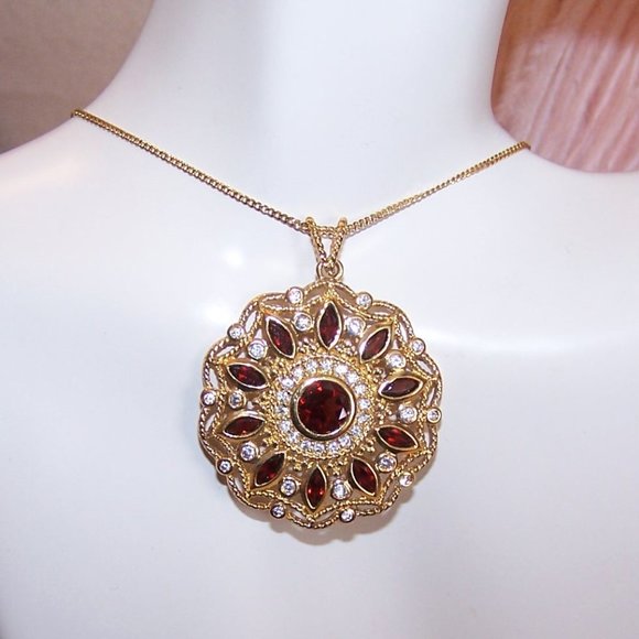 Sterling Silver Vermeil Red / Clear Cubic Zirconia CZ Round Pendant - Picture 1 of 9